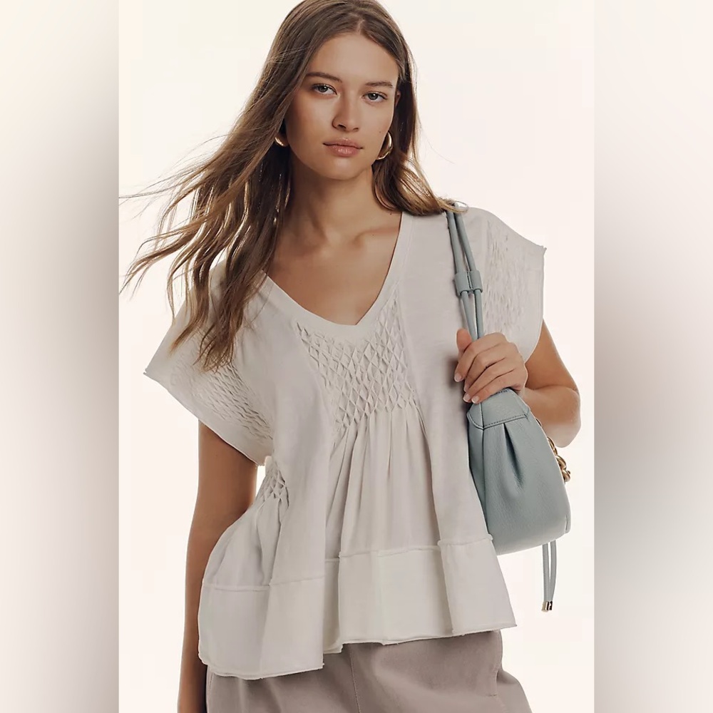 Anthropologie Smocked V-Neck Swing Top White XS Boho Oversized Cropped Relaxed